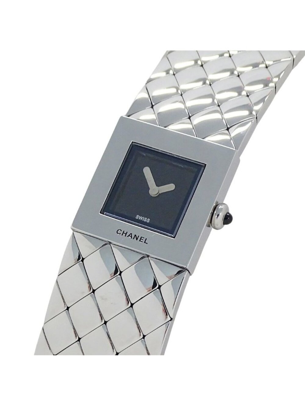 Chanel Watch Quilted Quartz Stainless Steel Silver Black Square Polished